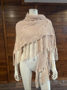 Blush Cable Knit Fringe Poncho Shrug - Lightweight Wrap